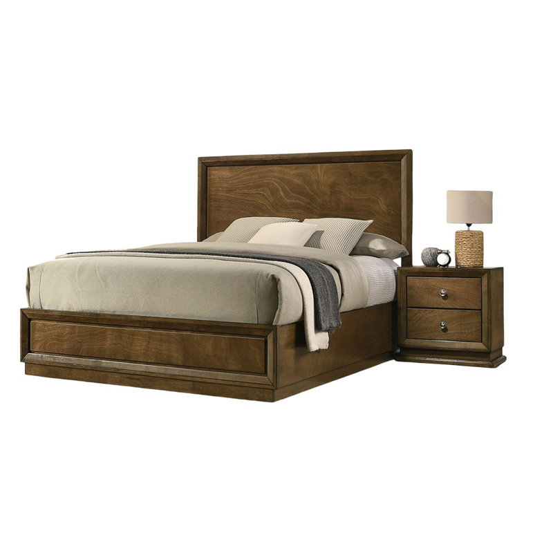 Ensemble de lit de style transitionnel couleur noyer, 2 tables de chevet et 3 boutons de meubles de chambre à coucher en métal