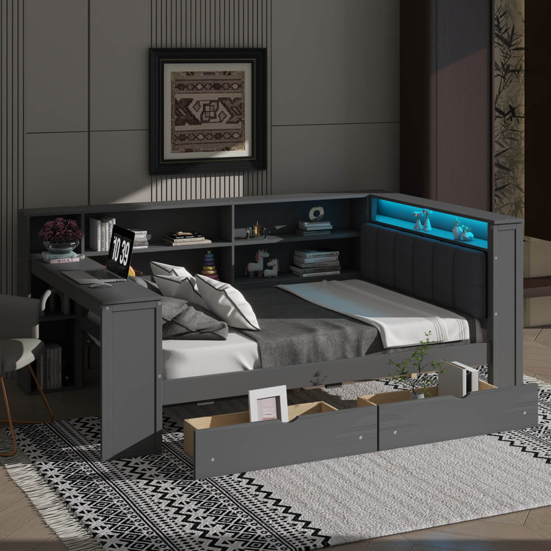Lit plateforme en bois avec compartiments de rangement, tiroirs, port de charge, lumière DEL et bureau, Gris