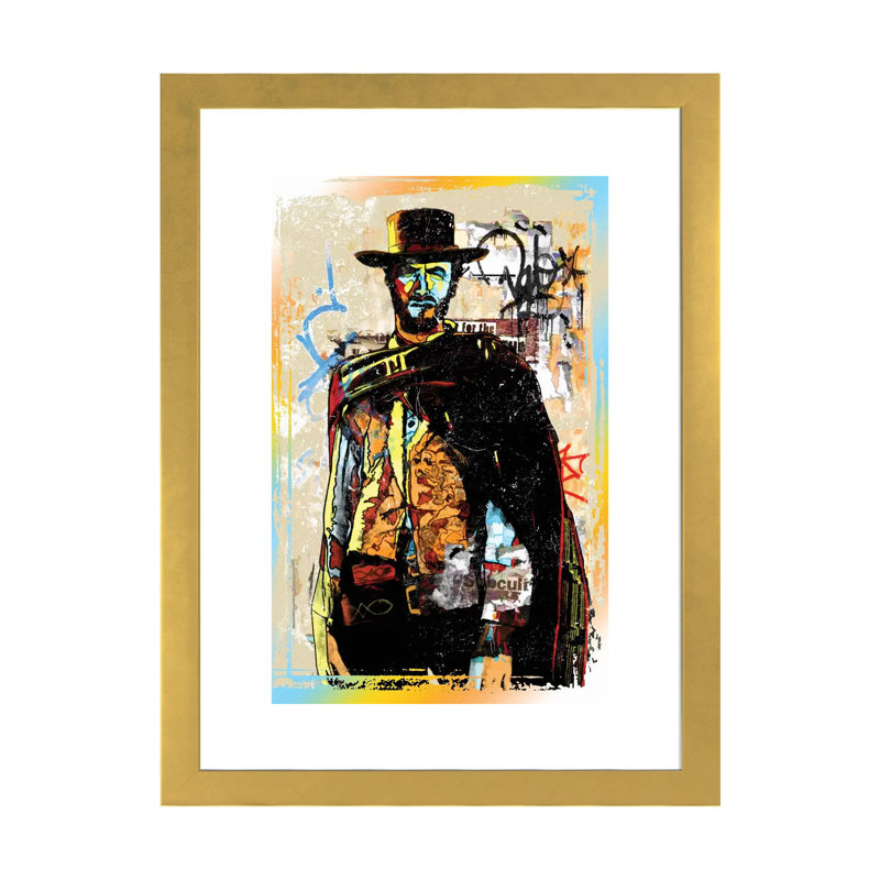 « Clint Eastwood graffiti cowboy » par radio Days-reproduction d’art, H 24 po x l 16 po x P 1 po, Papier encadré doré, Blanc