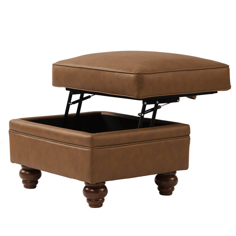Djuana Transitional 27"W Lift-Top Leather Ottoman with Storage, Camel