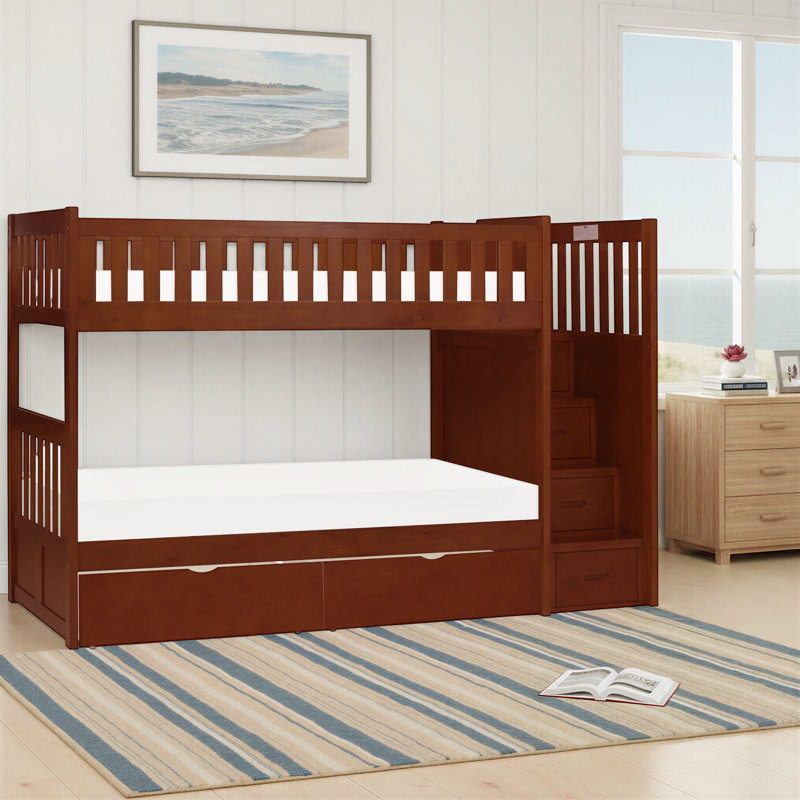 Koichi Transitional Wood Twin over Twin Bunk Bed with Reversible Step Storage, Under Bed Storage Boxes & Foundation-Free Design