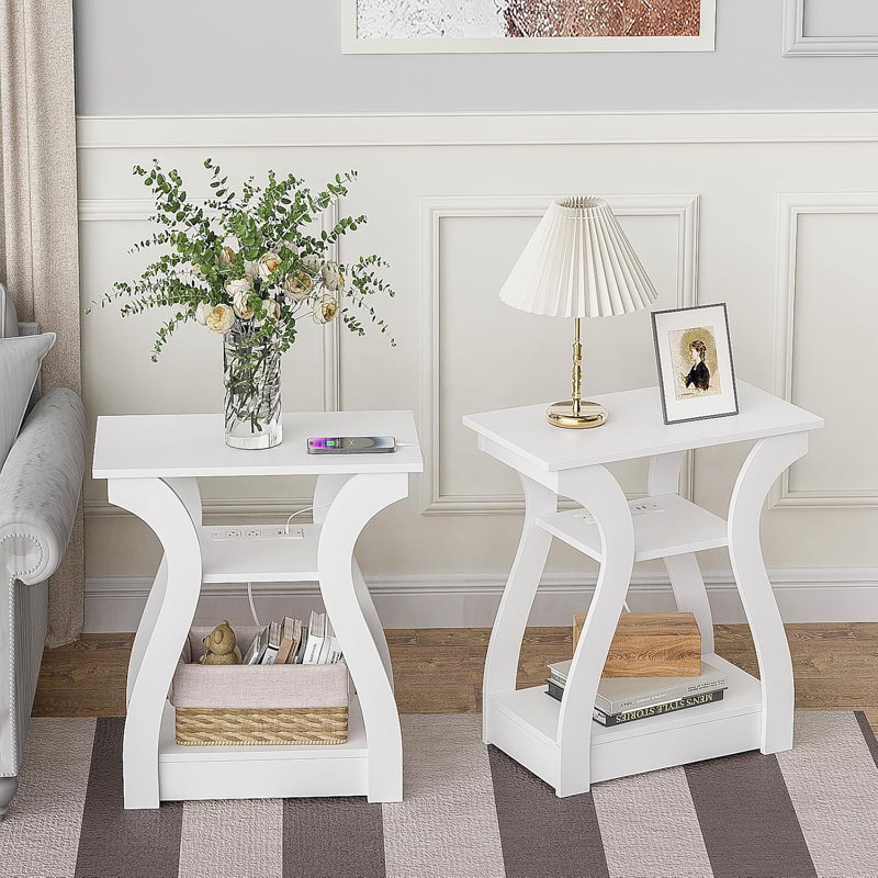 Ensemble de 2 tables de bout avec station de charge, table d'appoint à 3 niveaux avec tablette de rangement, table de chevet multifonctionnelle pour le salon et la chambre à coucher