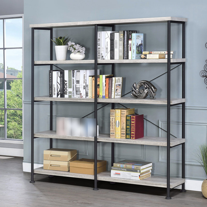 Bibliothèque double avec 4 tablettes larges en bois flotté gris et noir pour un décor moderne 4 espaces de rangement polyvalents