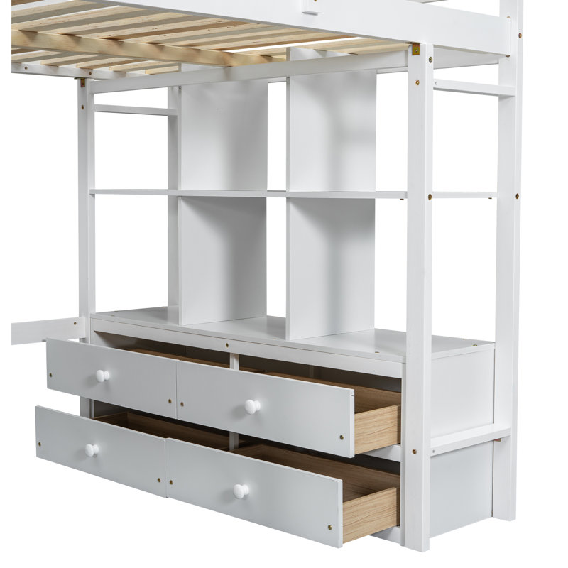 Lit mezzanine double avec bureau intégré avec deux tiroirs et tablettes et tiroirs de rangement, blanc