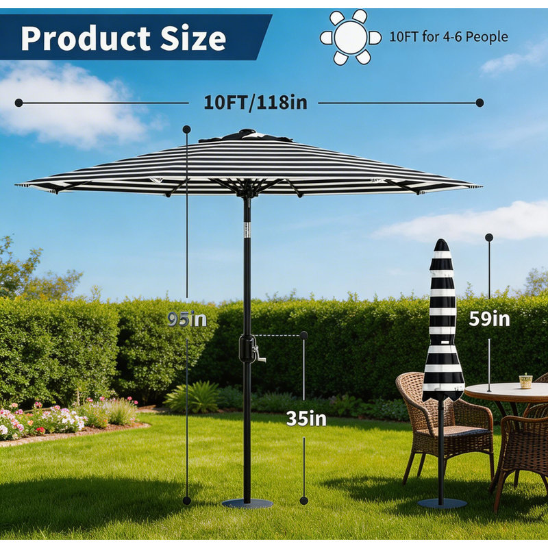 Parasol de patio de 9 pi avec manivelle et inclinaison à bouton-poussoir, Noir / blanc, 107" W x 107" D
