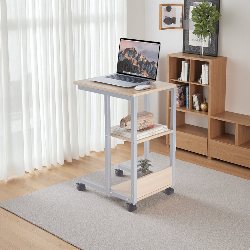 Table de bout en forme avec roues verrouillables, rangement à deux niveaux, table d'appoint roulante pour canapé ou chambre à coucher