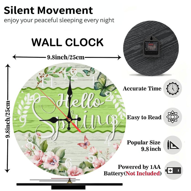 Horloge murale en bois 10 po, mouvement silencieux, à piles (piles AA non incluses), décor artistique, parfait pour les décorations