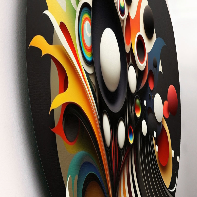 Minimalist Colorful Spheres And Waves I - Art mural rond géométrique abstrait sur métal, L 16 po x H 16 po