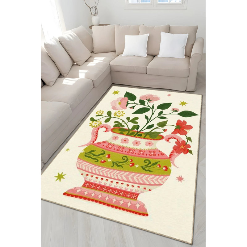 Creative Modern Decorative Carpet With Multicolored Vase And Flowers Pattern, Round 3'4"