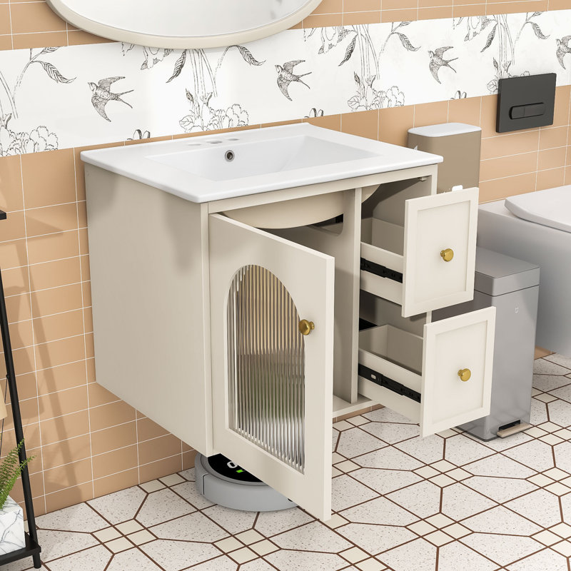 Meuble-lavabo mural avec lavabo et armoire peu encombrante avec porte vitrée, Beige