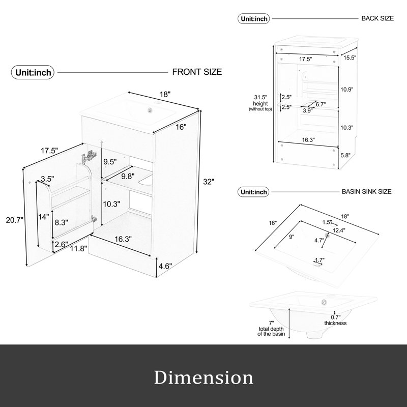 Meuble-lavabo 18 po avec lavabo, meuble-lavabo avec tablette de porte et tablette réglable, Gris