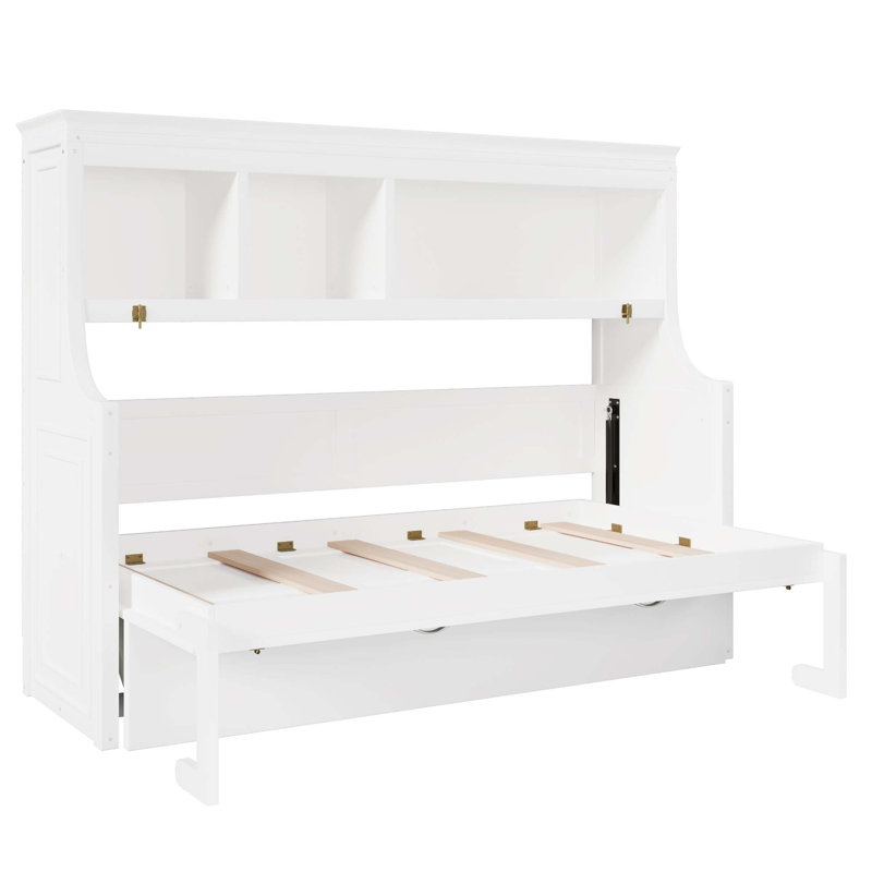 Lit escamotable simple avec bureau et tablettes de rangement, Blanc