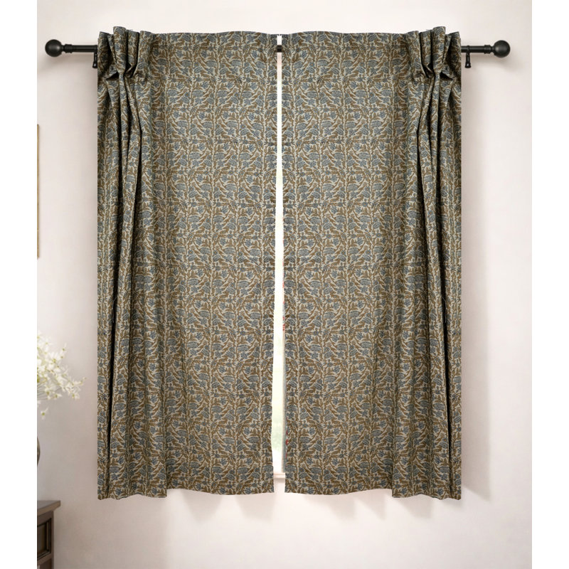 Rideau en lin fait à la main à motif de rideaux en lin simple, gris et vert, L 54 po x L 132 po