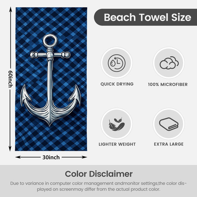  Serviette de plage légère en microfibre, absorbante sans décoloration, 30 po x 60 po, ancre Gingham, Plage d'ancre Gingham