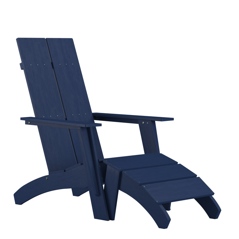 Brady Modern All-Weather Dual Slat Adirondack Style Chair with Footrest, Navy