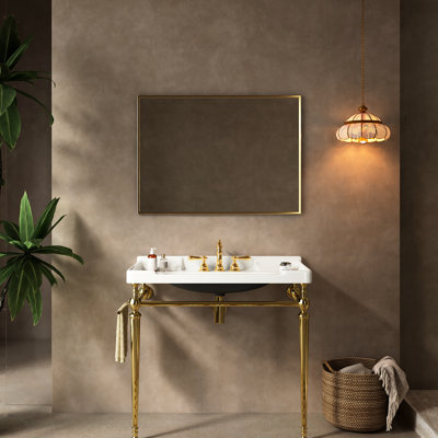 Lavabo de salle de bain en céramique 36 po, meuble-lavabo blanc avec 3 trous pré-percés, pieds robustes en acier inoxydable et support de serviette, bassin optionnel Golden Nuance, robinet robuste et barre, or présent ici