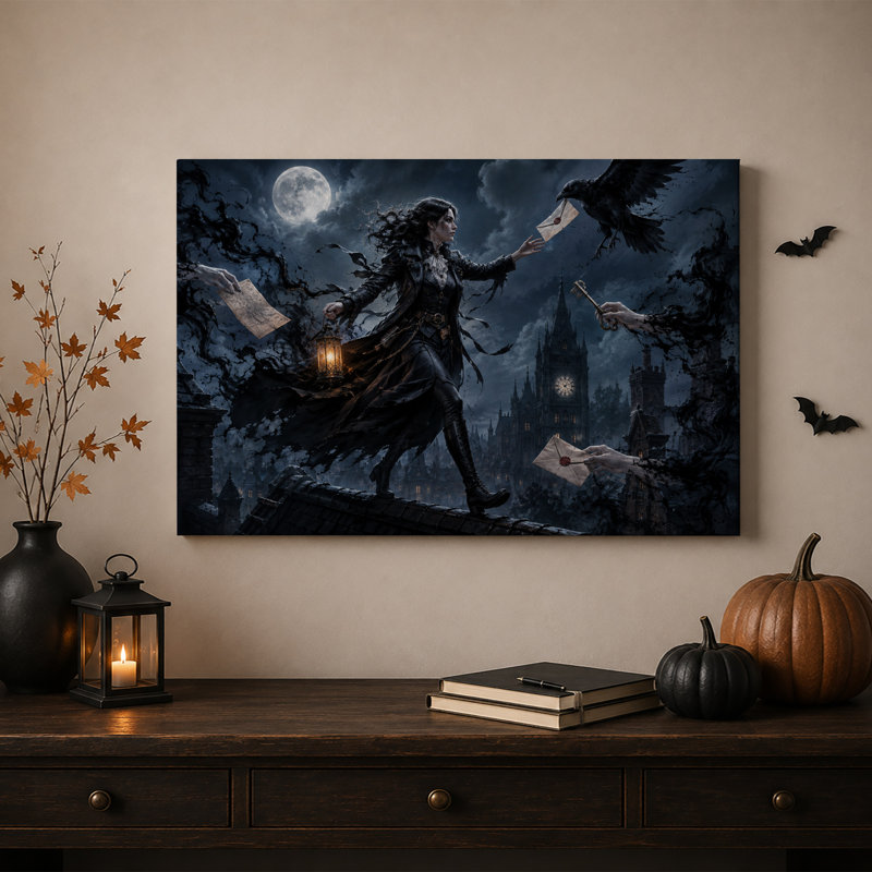 Femme gothique avec lanterne et corbeau au clair de lune, tableau sur toile pour l'Halloween, H 36 po x l 48 po