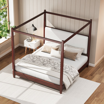 King Size Canopy Platform Bed with Upholstery Headboard,with Wooden Slat Support Legs,Espresso