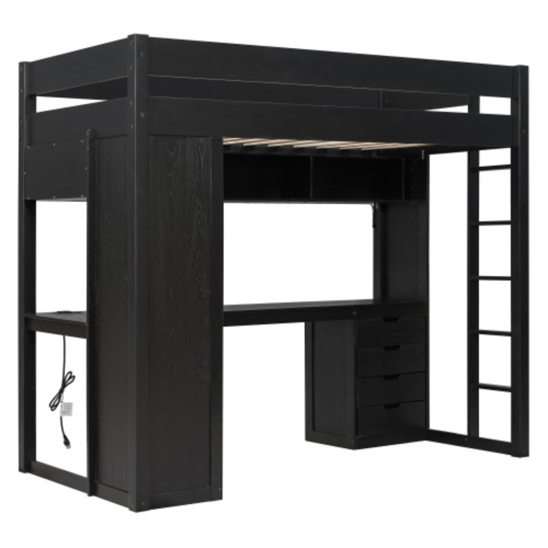 Lit mezzanine simple en bois massif, Black, Twin