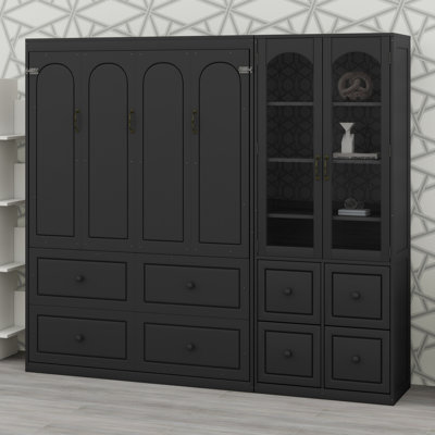 Multi-Storage Murphy Bed with Flexible Left-Right Installable Side Cabinet, Acrylic Doors, Four Drawers and Storage Shelves