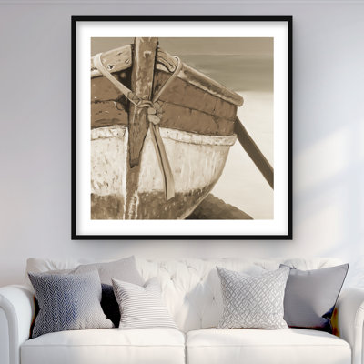 Tied up rowing boat - Brown Sepia framed matted print décor