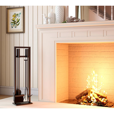 Ensemble 5 pièces d'outils de foyer en fer forgé avec tisonnier, pinces, pelle, brosse et support pour foyer, noir