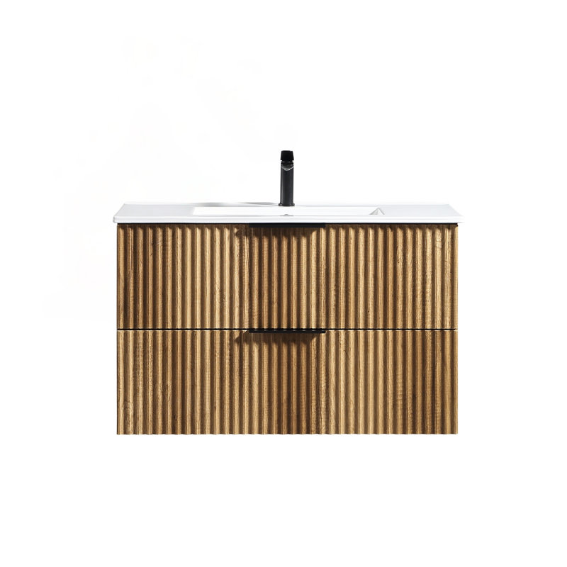 Meuble-lavabo mural 36 po avec grands tiroirs et panneaux sculptés en 3D (sans lavabo inclus), Chêne doré, 36"
