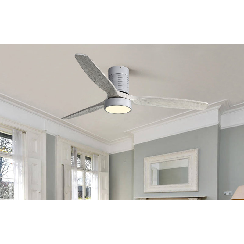52 Inch Indoor Flush Mount Ceiling Fan With 3 Solid Wood Blades Remote Control Reversible DC Motor With Led Light