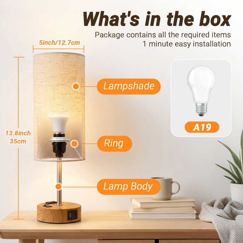 Lampe de table à bouton, lampe de chevet à intensité variable à 3 voies avec USB-A, USB-C et prise de courant CA, abat-jour en tissu, ampoule incluse, grain de bois, 1 paquet