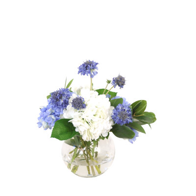 Hydrangeas with Mixed Greens in Glass Fishbowl