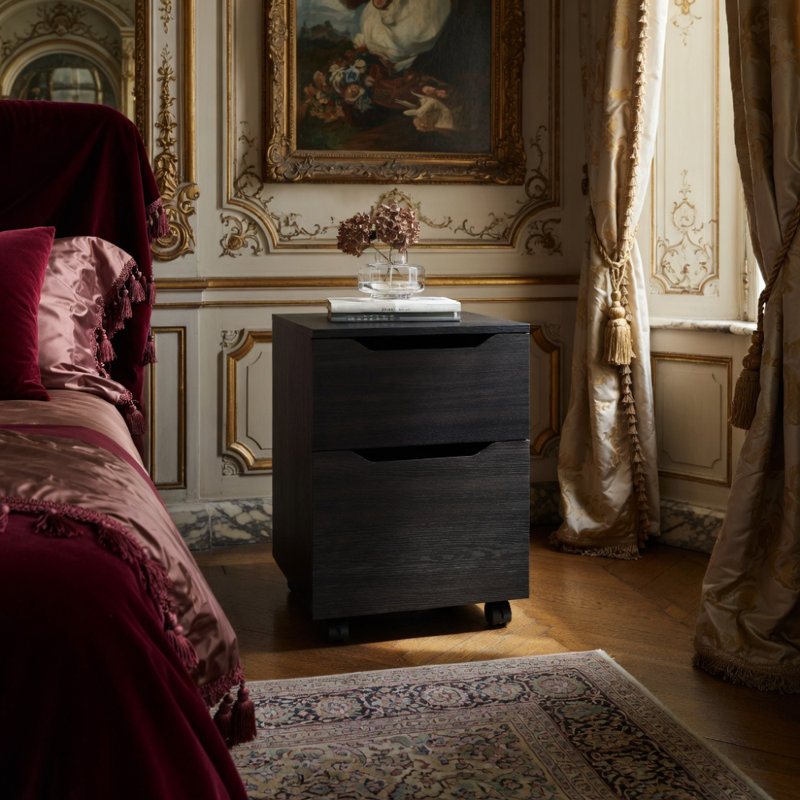 Table de chevet, 1 tiroir, 4 pieds, noir