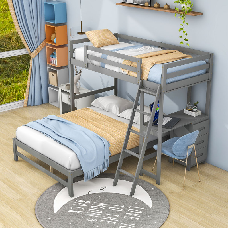 Fayla Kids Twin Over Full Bunk Bed with Drawers, Gray