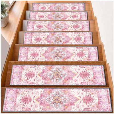 Pink Non Slip Carpet Stair Treads, Decorative Stair Mats for Indoor Wooden Steps, Quiet Protective Stair Covers
