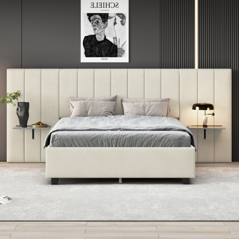 Upholstered Panel Headboard Bed With 2 Shelves, Queen, Beige
