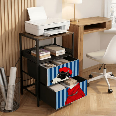 Table de chevet avec station de charge, table de chevet à 2 tiroirs avec ports USB et prises électriques, étagère ouverte, table de chevet noire pour chambre ou salon, motif pull à rayures bleues avec chien de dessin animé