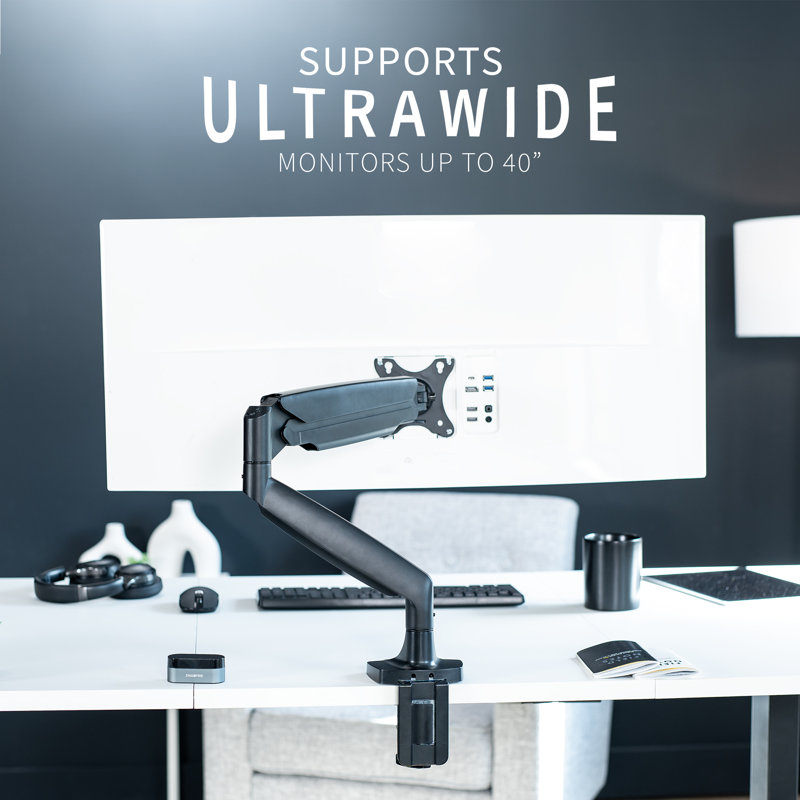 Black Aluminum Single Ultrawide Monitor Desk Mount with Pneumatic Arm