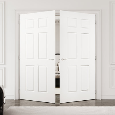 72" x 80" 6-Panel Molded Solid Interior French Door with Silver Hardware & Latch & Door Lever, Solid Core Door Slab, Paintable & Waterproof, Suit for Laundry, Closet Doors, Room Doors, Assembly Required