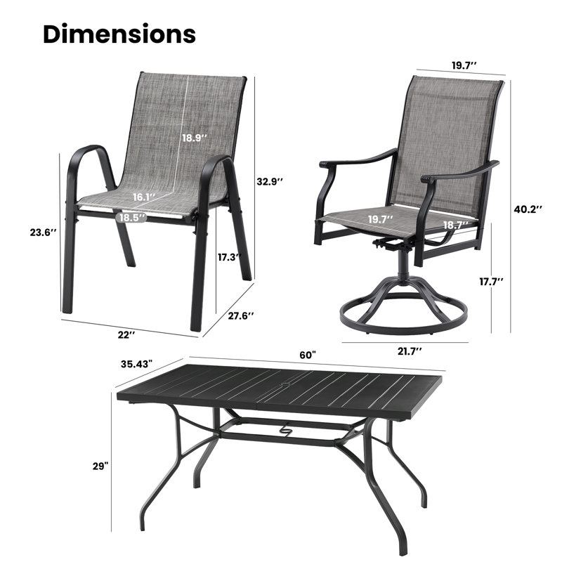 Ensemble repas en métal pour 6 personnes avec chaise pivotante, Gris