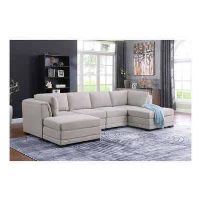 Kristin 121.5" Light Gray Linen Fabric Reversible Sectional Sofa with 2 Ottomans