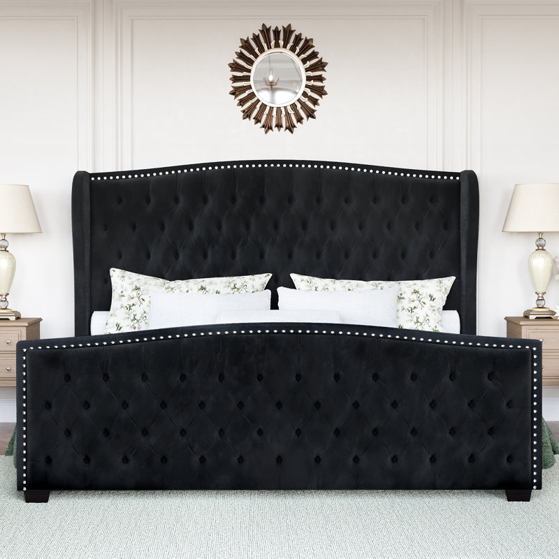 Platform Bed Frame With Wingback Headboard, King, Black