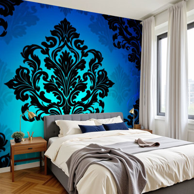 Vintage Damask Peel and Stick Wallpaper Elegant Black Damask Gradient Blue Baroque Damask Vintage Wall Murals 100"H x 144"W Removable PVC Wall Paper Self-Adhesive Wall Decor for Bedroom Living Room Home Office