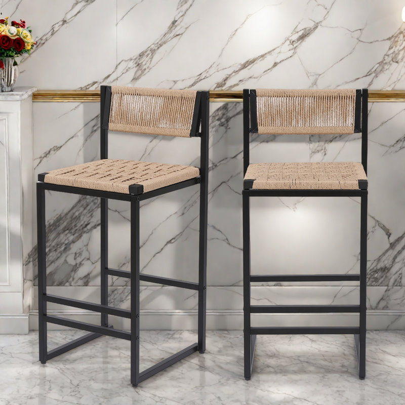Ensemble de 2 tabourets de bar en corde de papier tissés à la main avec dossier, repose-pieds et structure en métal, Honey