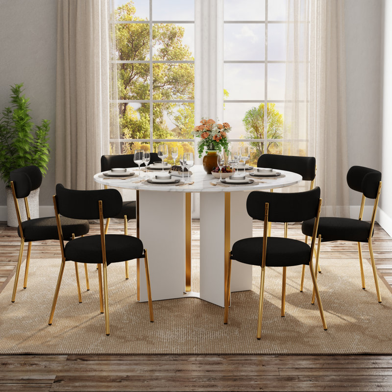 47in Modern Round Marble‑Look Dining Table, Pedestal Dining Table with Metal Accents, Seats 4‑6, for Kitchen Dining Room