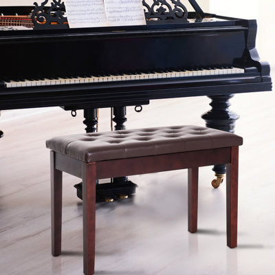 Duet- Keyboard Bench With Faux Leather Cushion And Robust Wooden Frame In Brown Piano Upholstery Base For Duets