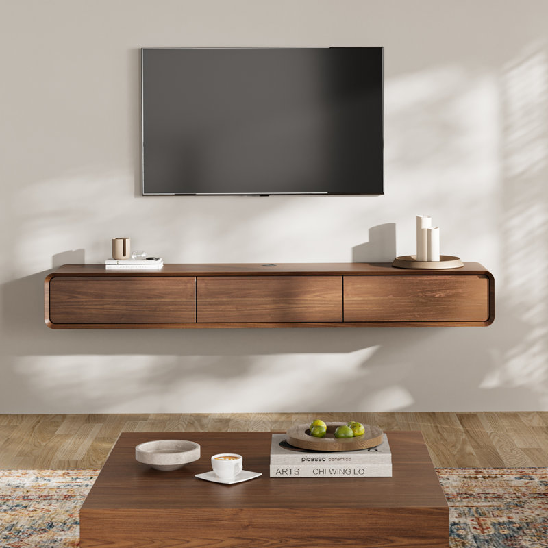  Floating TV Stand, Entertainment Center with 4 Drawers, Solid Wood, Fully-Assembled, Dark Brown, 78.74''