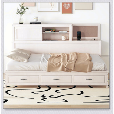 Wooden Daybed With 3 Storage Drawers, Shelf And A Set Of Sockets And USB Ports
