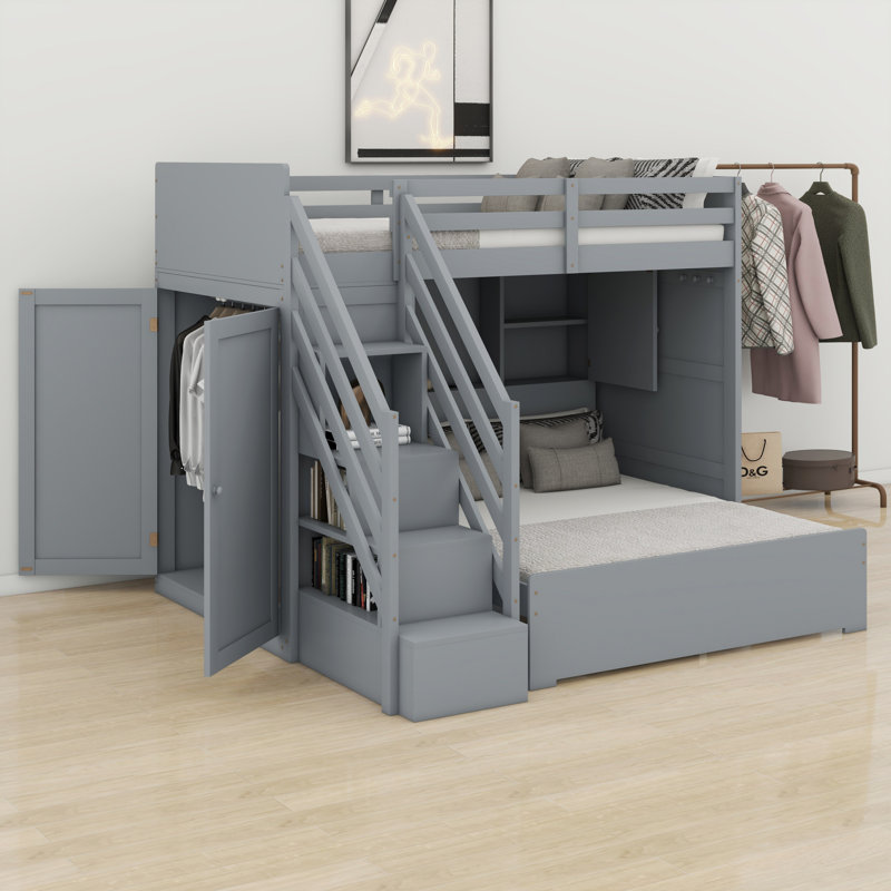 Modern Bunk Bed with Storage Stairs, Wardrobe, USB Ports & Built-in Light, Gray