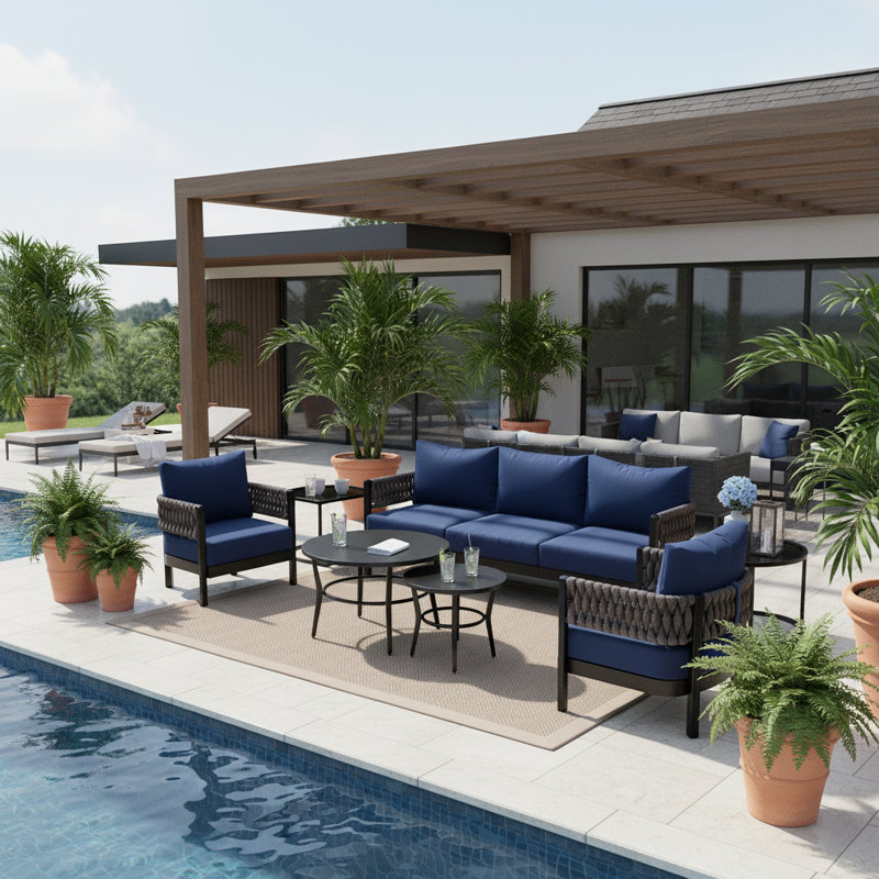 Modern 6-Piece Rope Woven Aluminum Patio Set With 5.9" Extra-Thick Cushions