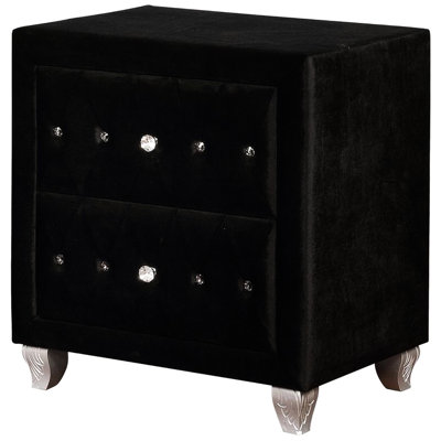 Table de chevet 1pc avec boutons et boutons en acrylique, finition noire, entièrement revêtue de tissu velours, base en bois massif, 2 tiroirs pour le rangement de la chambre à coucher, l 26,57 po x l 18,24 po x H 27,49 po