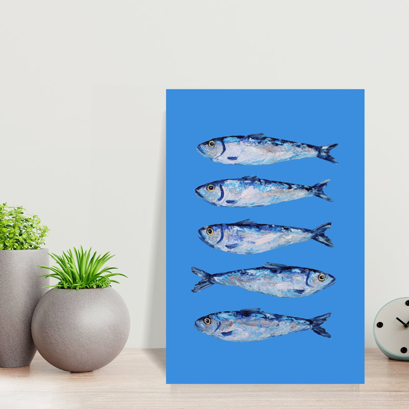 Cinq sardines bleues, art mural océan côtier, H 18 po x l 12 po